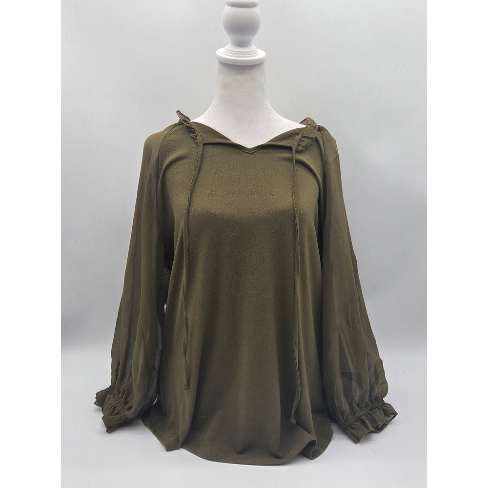 NY Collection Olive Green Chiffon Sleeve Blouse Lightweight Top